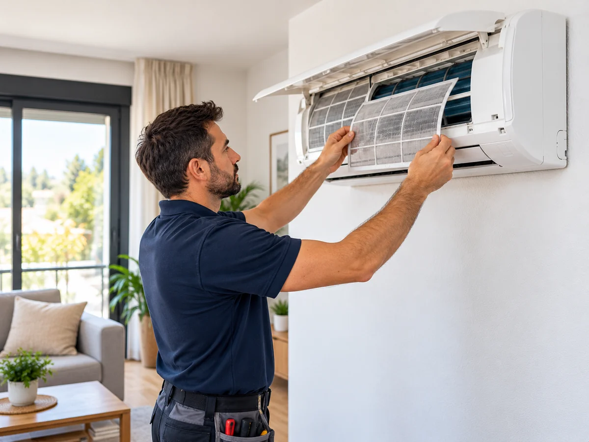 Técnico instalando un filtro de una unidad interior de aire acondicionado, imagen ilustrativa