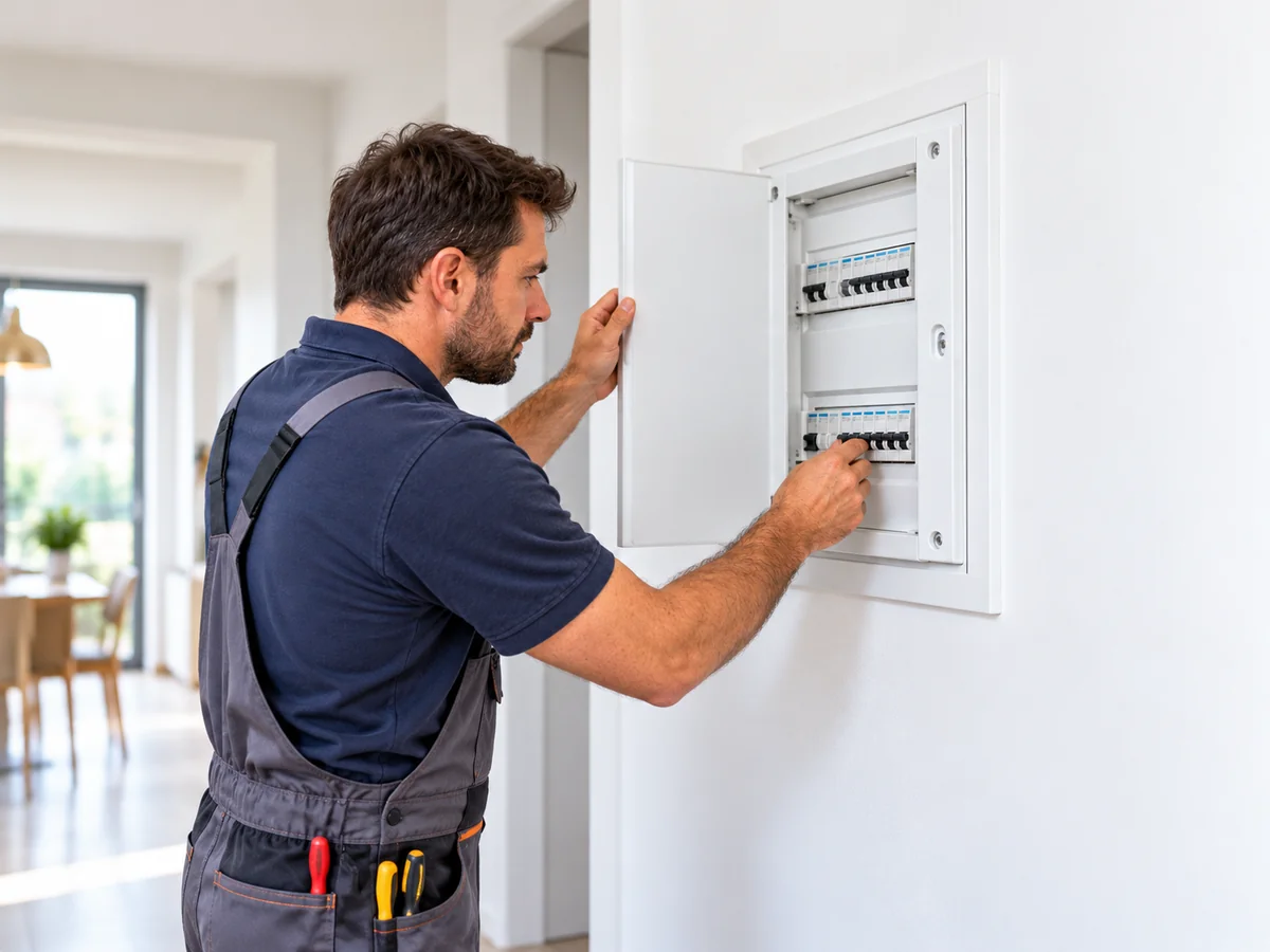 Técnico colocando la tapa de un cuadro de distribución eléctrica, imagen ilustrativa